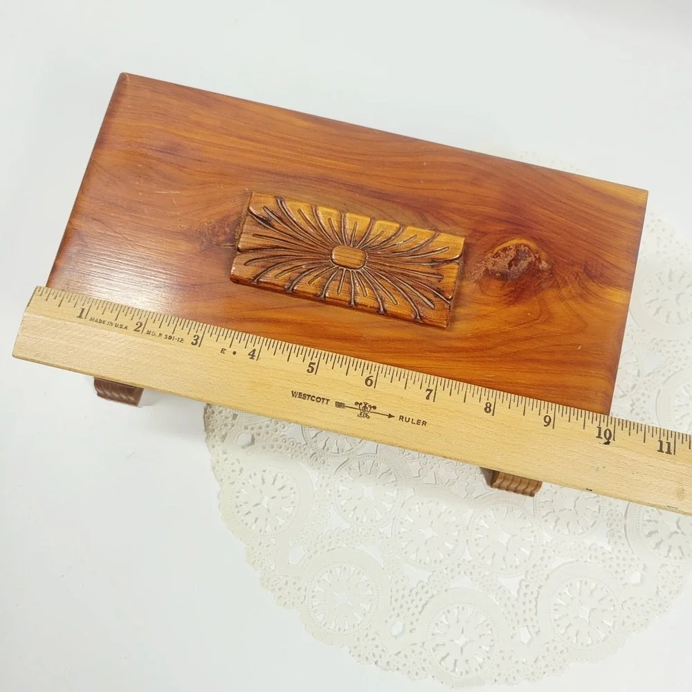 Vintage Carved Cedar Wood Jewelry Trinket Box With Mirror & Feet